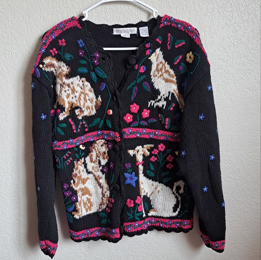 Vintage Floral Animal Print Knit Button Front Sweater Size Small